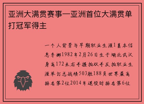 亚洲大满贯赛事—亚洲首位大满贯单打冠军得主